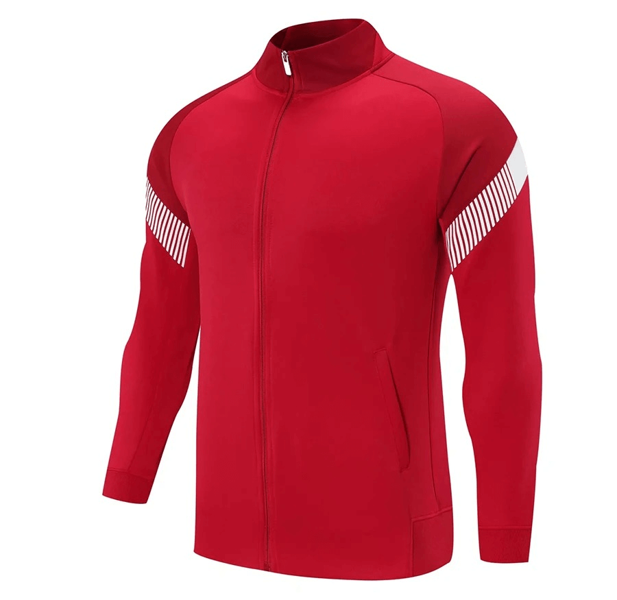 Red full zipper cycling jersey with reflective stripes, designed for men, features a hooded collar, polyester material, and windproof protection.