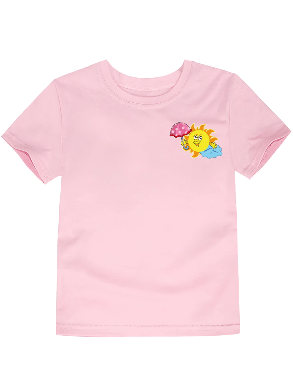 Fun Sun and Umbrella Print T-Shirt in Bright Colors - SF3747 for kids featuring playful sun with polka-dot umbrella design on pink fabric.