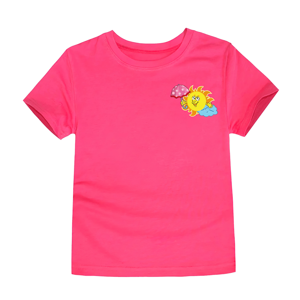 Fun Sun and Umbrella Print T-Shirt in Bright Colors - SF3747 with playful sun holding polka-dot umbrella on pink fabric for kids