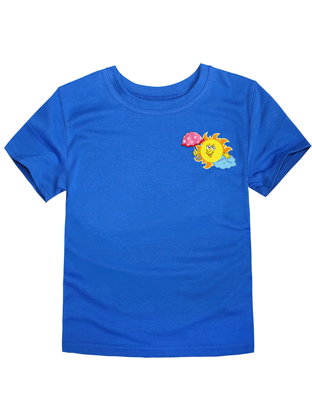 Fun Sun and Umbrella Print T-Shirt in Bright Colors - SF3747 for kids with playful sun graphic holding umbrella on a blue shirt