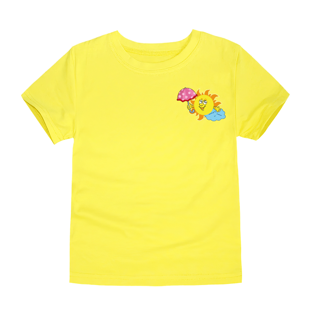 Fun Sun and Umbrella Print T-Shirt in Bright Colors - SF3747, yellow kids' tee with playful sun design and polka-dot umbrella.