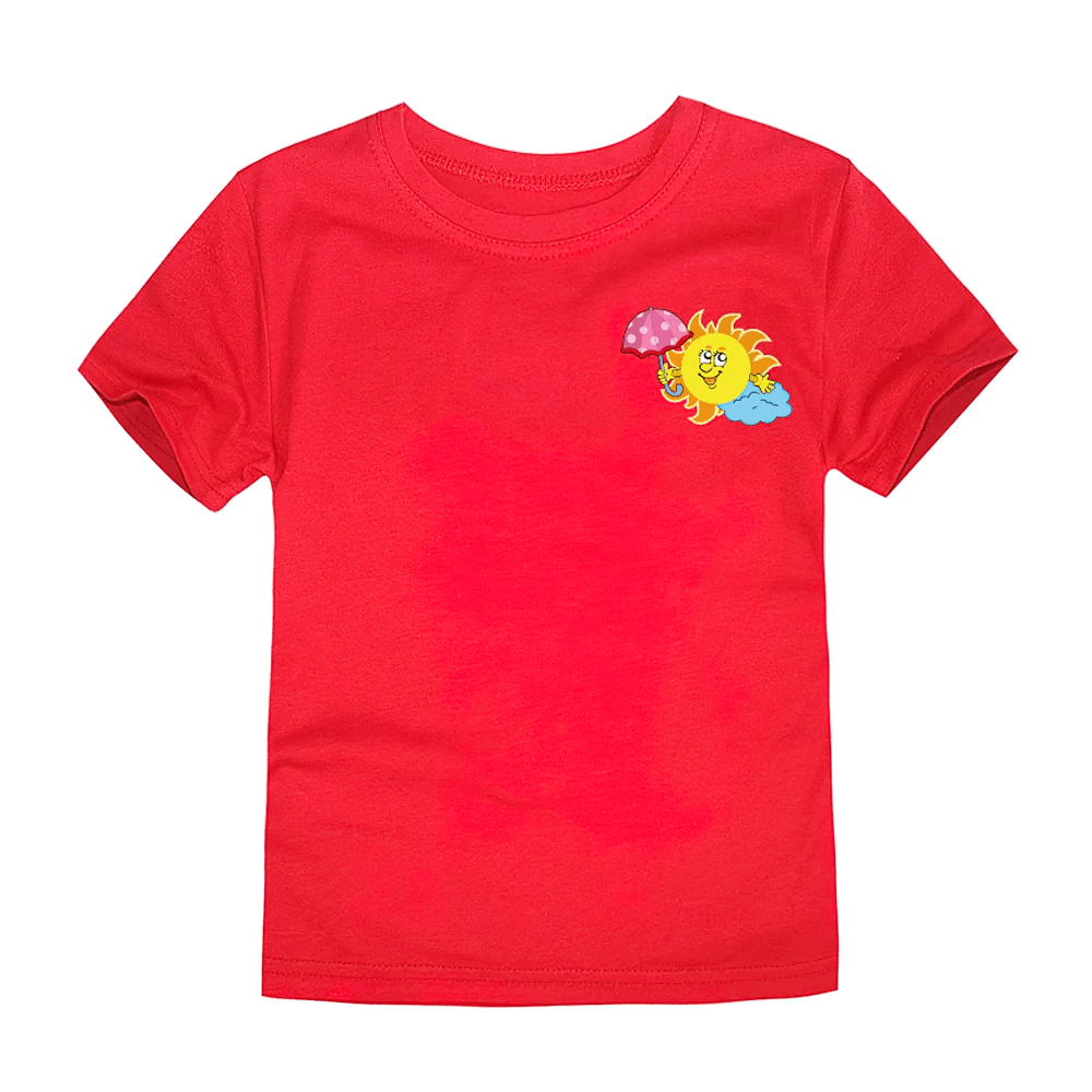 Fun Sun and Umbrella Print T-Shirt in Bright Colors - SF3747 with playful sun design on red fabric for kids.