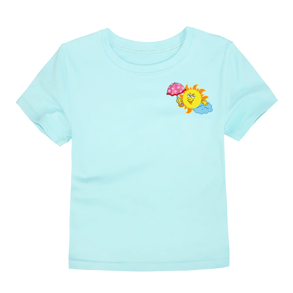 Fun Sun and Umbrella Print T-Shirt in Bright Colors - SF3747 with playful sun and polka-dot umbrella design on light blue background.