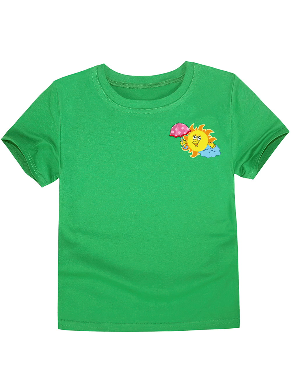 Fun Sun and Umbrella Print T-Shirt in Bright Colors - SF3747 with playful sun holding polka-dot umbrella on vibrant kids' tee