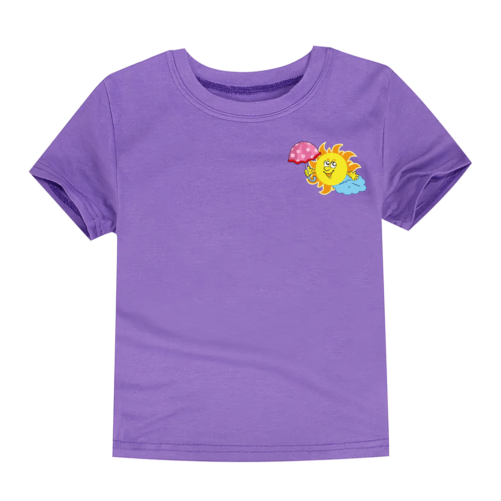 Fun Sun and Umbrella Print T-Shirt in Bright Colors - SF3747, featuring a playful sun and polka-dot umbrella design on a vibrant kids' tee.