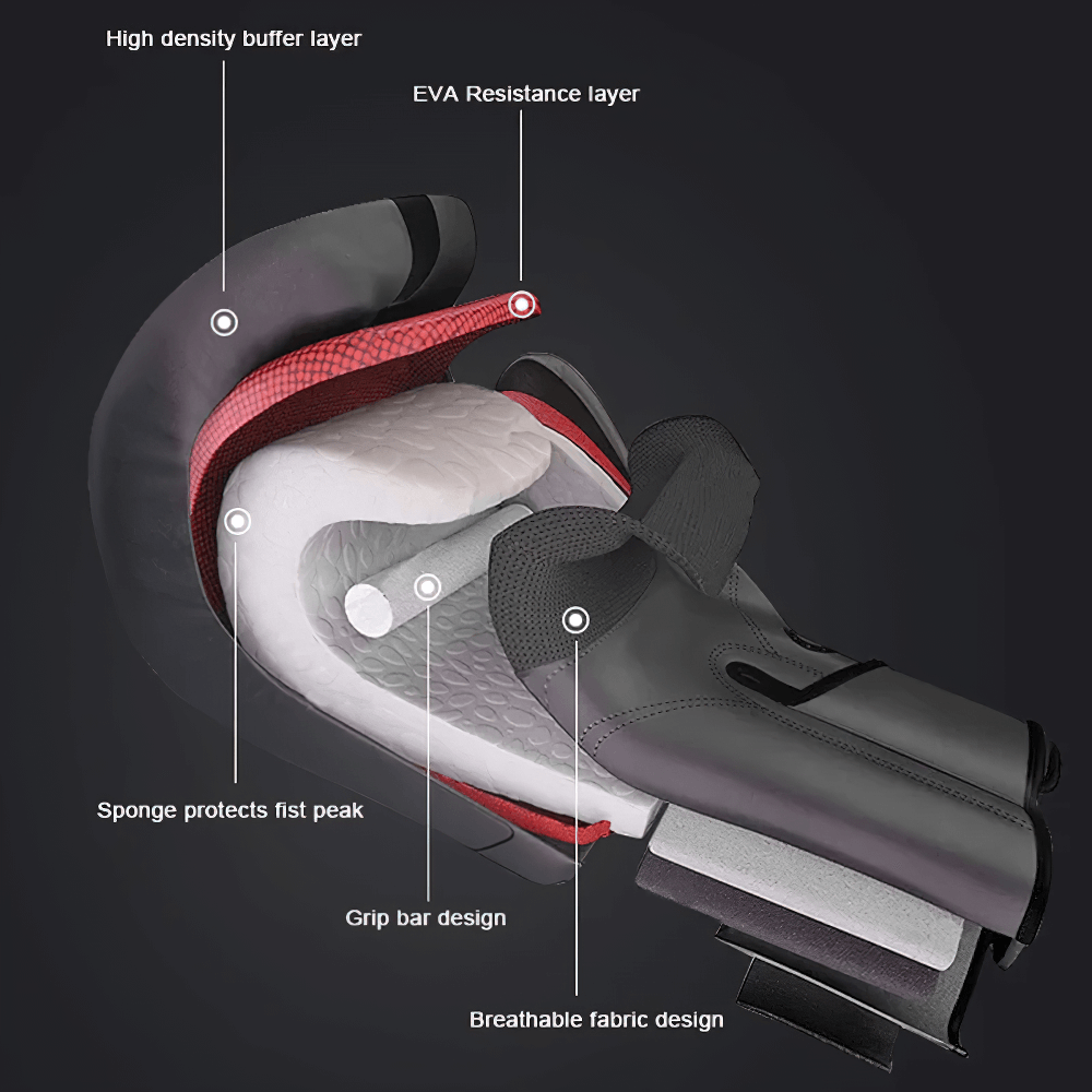Cutaway view of SF3155 Gel Boxing Gloves showing high-density buffer, EVA layer, sponge protection, grip bar, and breathable fabric.