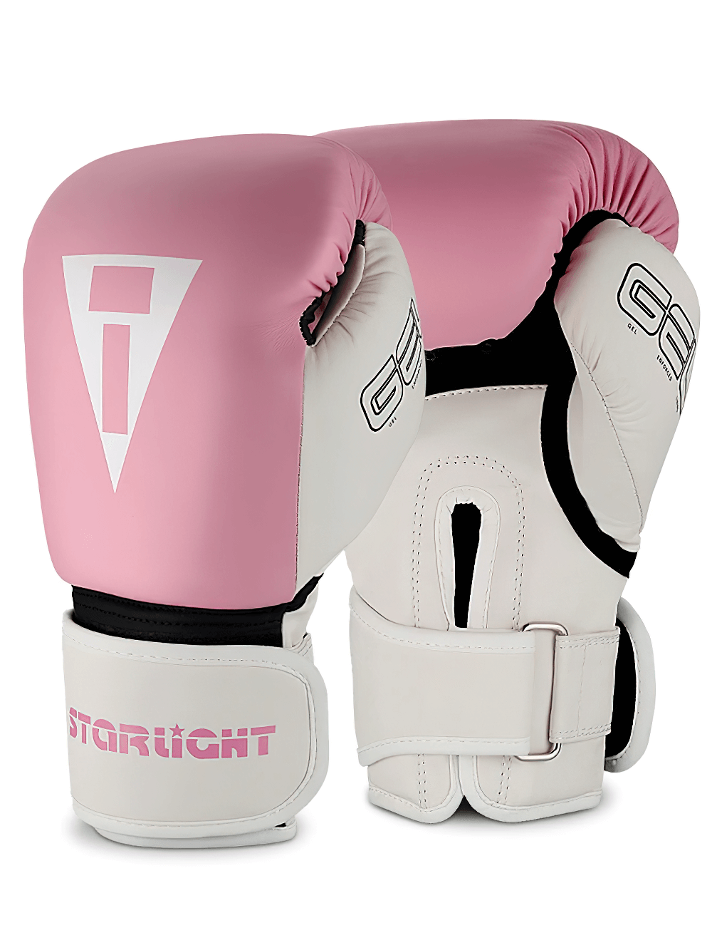 Pink and white gel boxing gloves with Velcro strap, Starlight SF3155 model, designed for sparring and fitness with shock-absorbing padding.