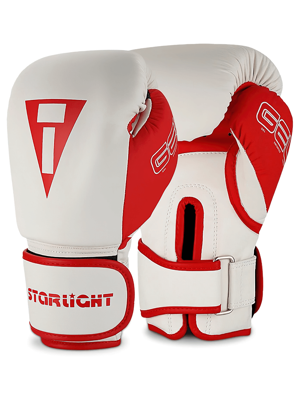 Starlight SF3155 Gel Boxing Gloves with Velcro Strap Support in red and white, designed for sparring, fitness, and heavy bag training.