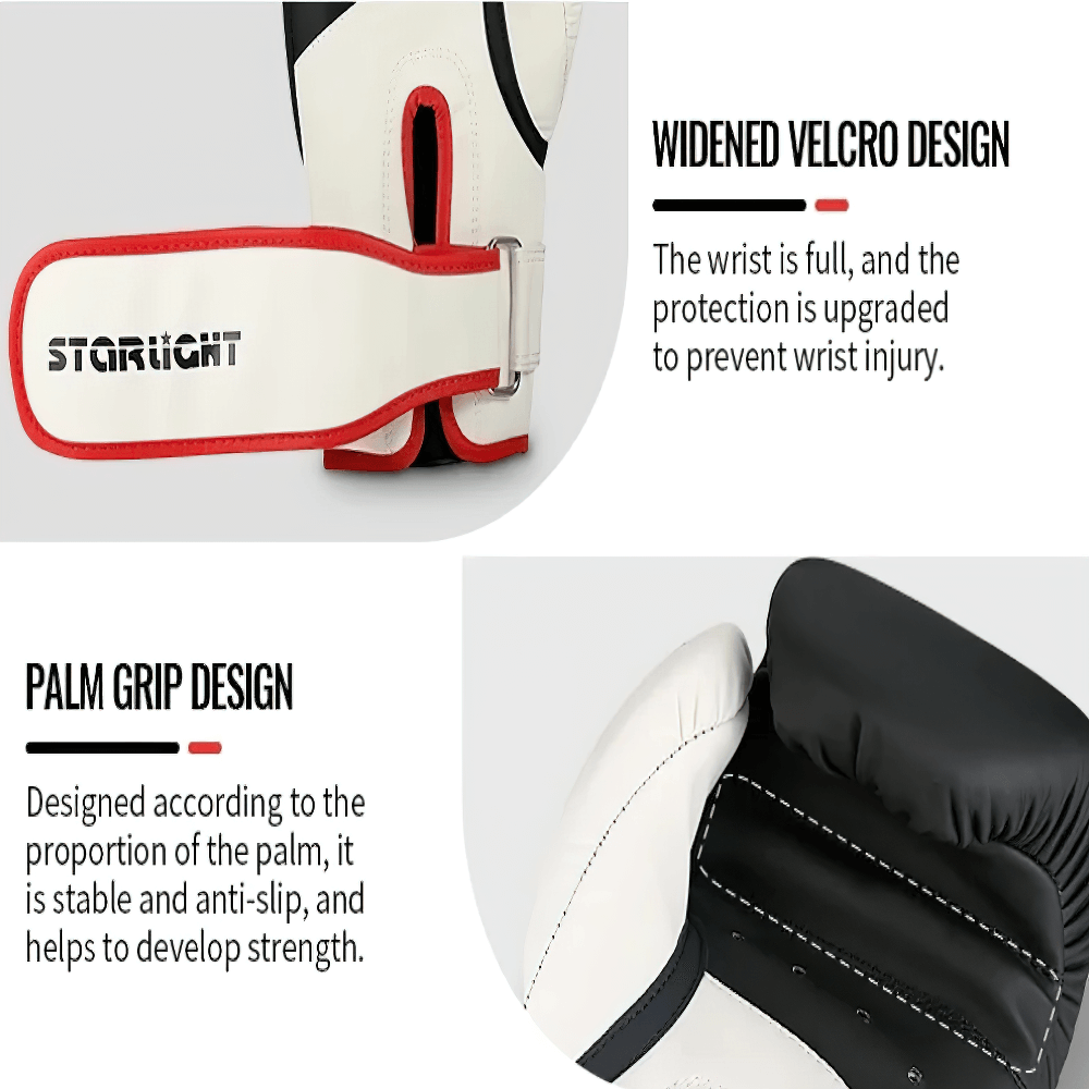 Starlight Gel Boxing Gloves with Velcro Strap, showcasing widened support and anti-slip palm grip design for enhanced training.
