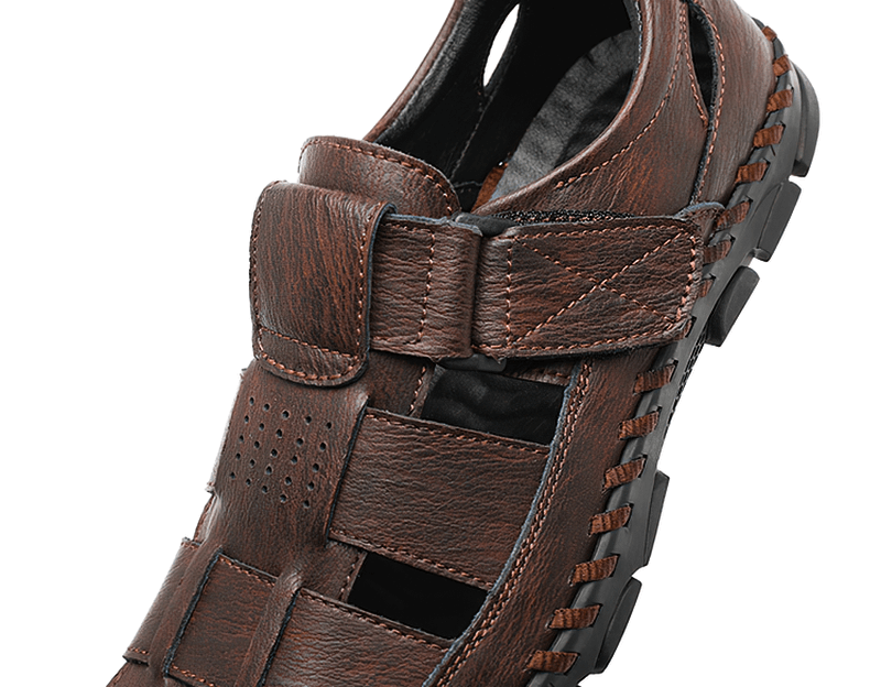 Genuine leather men's sandals with soft soles, outdoor beach shoes, featuring hook & loop closure and rubber outsole, model SF1318.