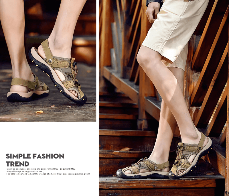 Genuine Leather Men's Soft Sandals SF1378 with Removable Buckle, showcasing breathable design and solid rubber sole on wooden steps.