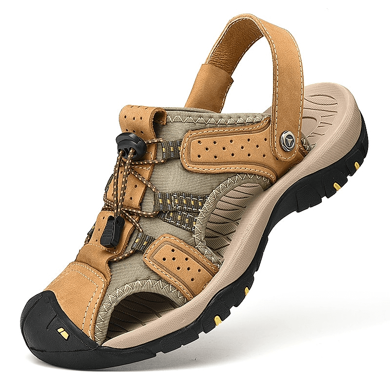 Men's genuine leather sandal with removable buckle, featuring rubber sole and ankle-wrap design for comfort and style.