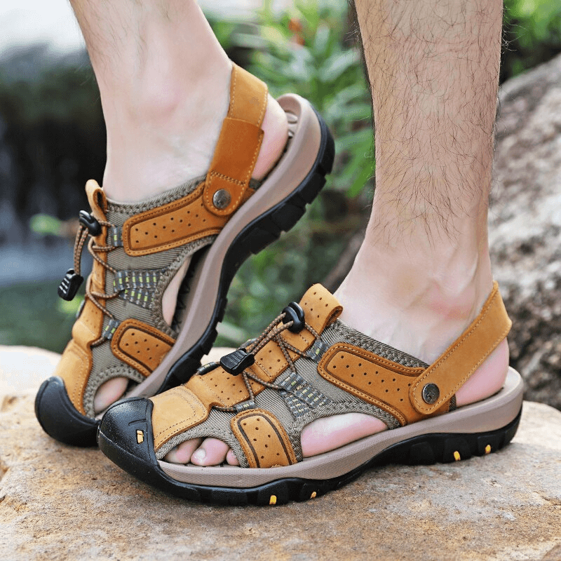 Men's genuine leather soft sandals with removable buckle, ankle-wrap design, and rubber soles for support and traction - SF1378.