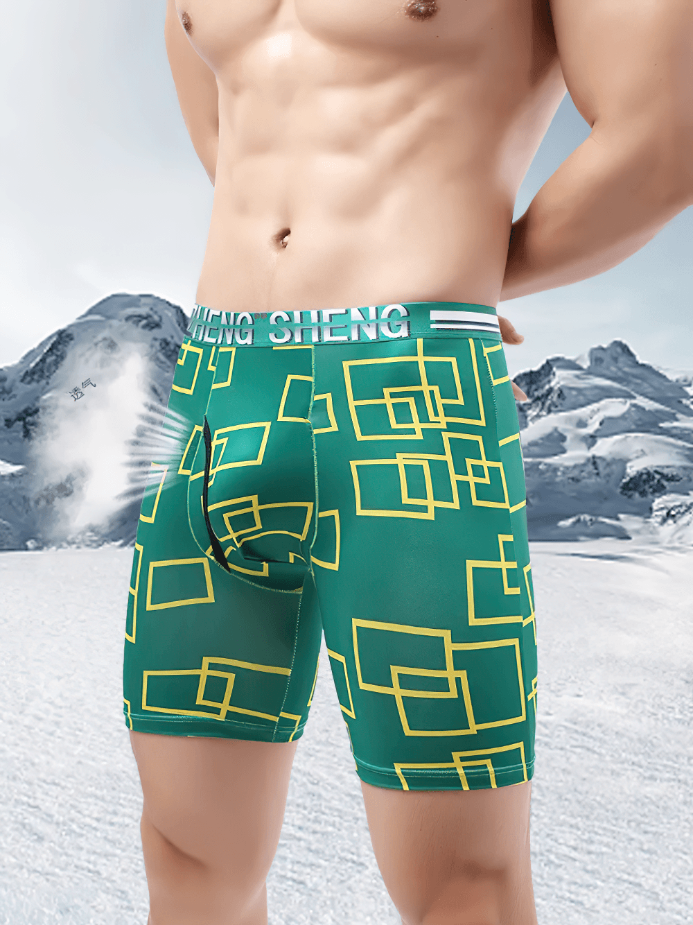 Geometric Long Leg Men's Underwear Boxer Shorts - SF4750 in green with yellow geometric prints, perfect for comfort and style.