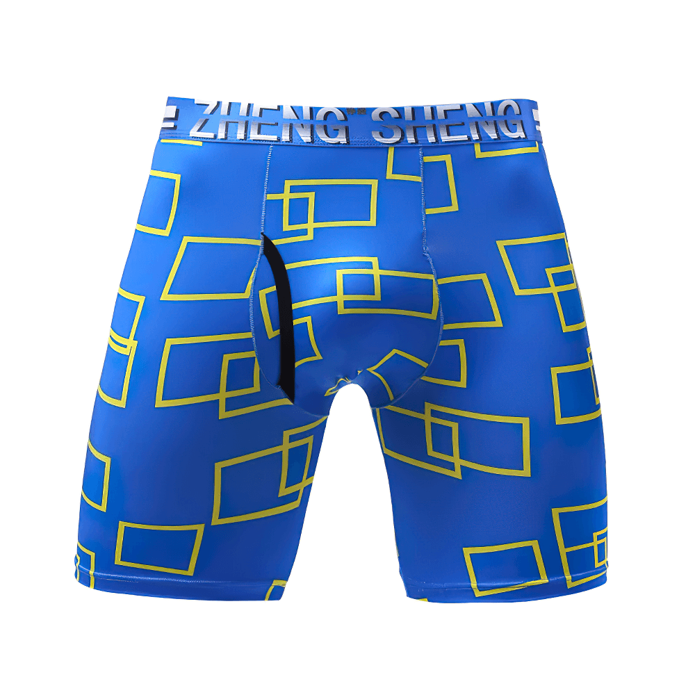Geometric Long Leg Men's Underwear Boxer Shorts - SF4750 in blue with geometric print and U convex pouch for support.
