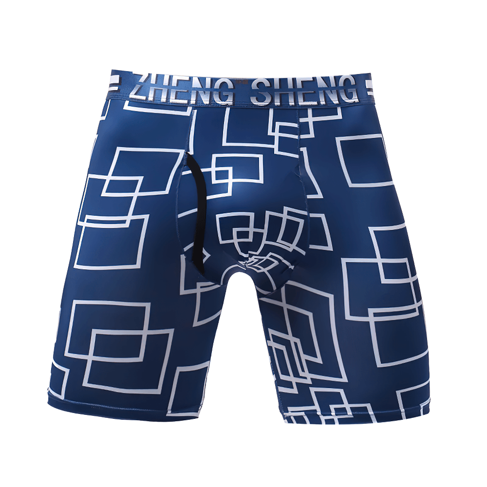 Geometric Long Leg Men's Underwear Boxer Shorts - SF4750 in blue with white geometric print and supportive U convex pouch.