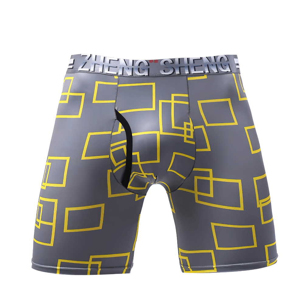 Geometric Long Leg Men's Underwear Boxer Shorts - SF4750 in breathable ice silk with geometric print and pouch.