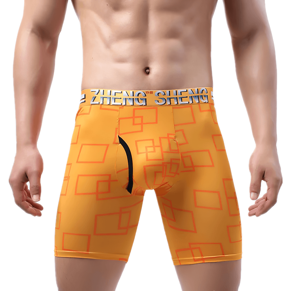 Geometric Long Leg Men's Underwear Boxer Shorts - SF4750 in vibrant orange with modern geometric prints and supportive pouch.