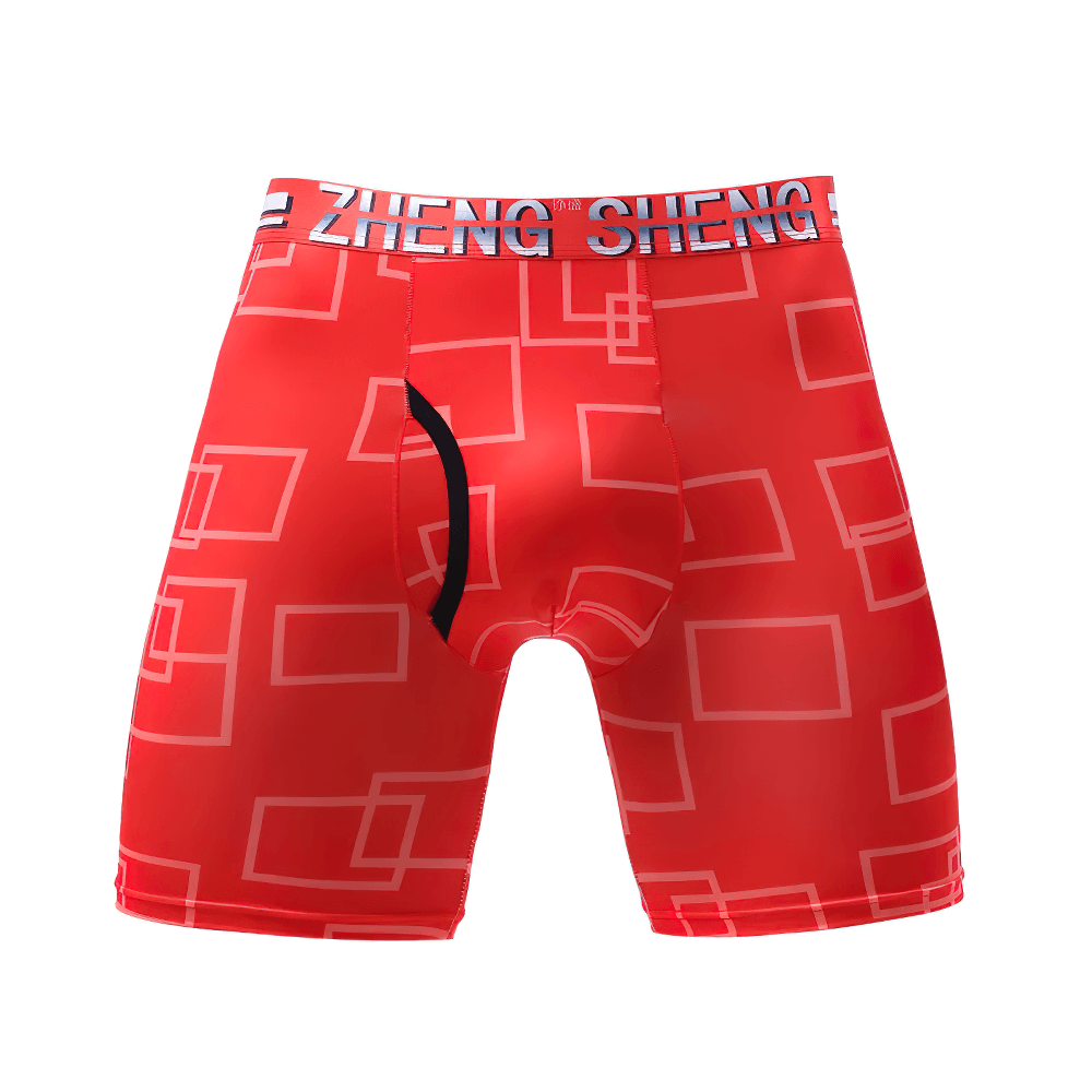 Geometric Long Leg Men's Underwear Boxer Shorts - SF4750 in red with bold geometric print and supportive U convex pouch.