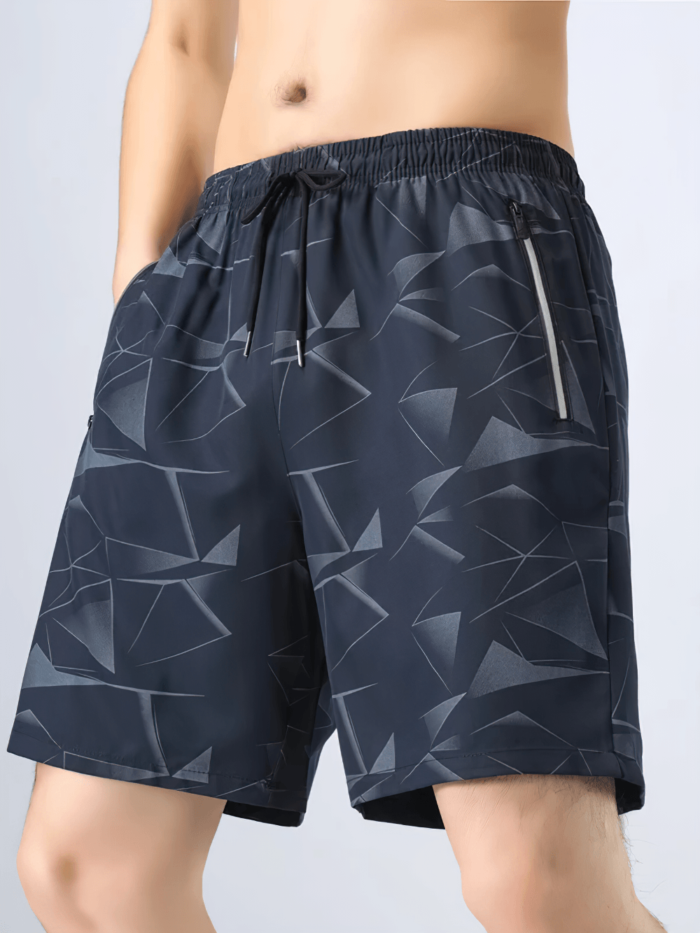 Alt Tag: Geometric Print Running Shorts with Zip Pockets - SF4488 men’s black geometric workout shorts with drawstring waist and zip pockets