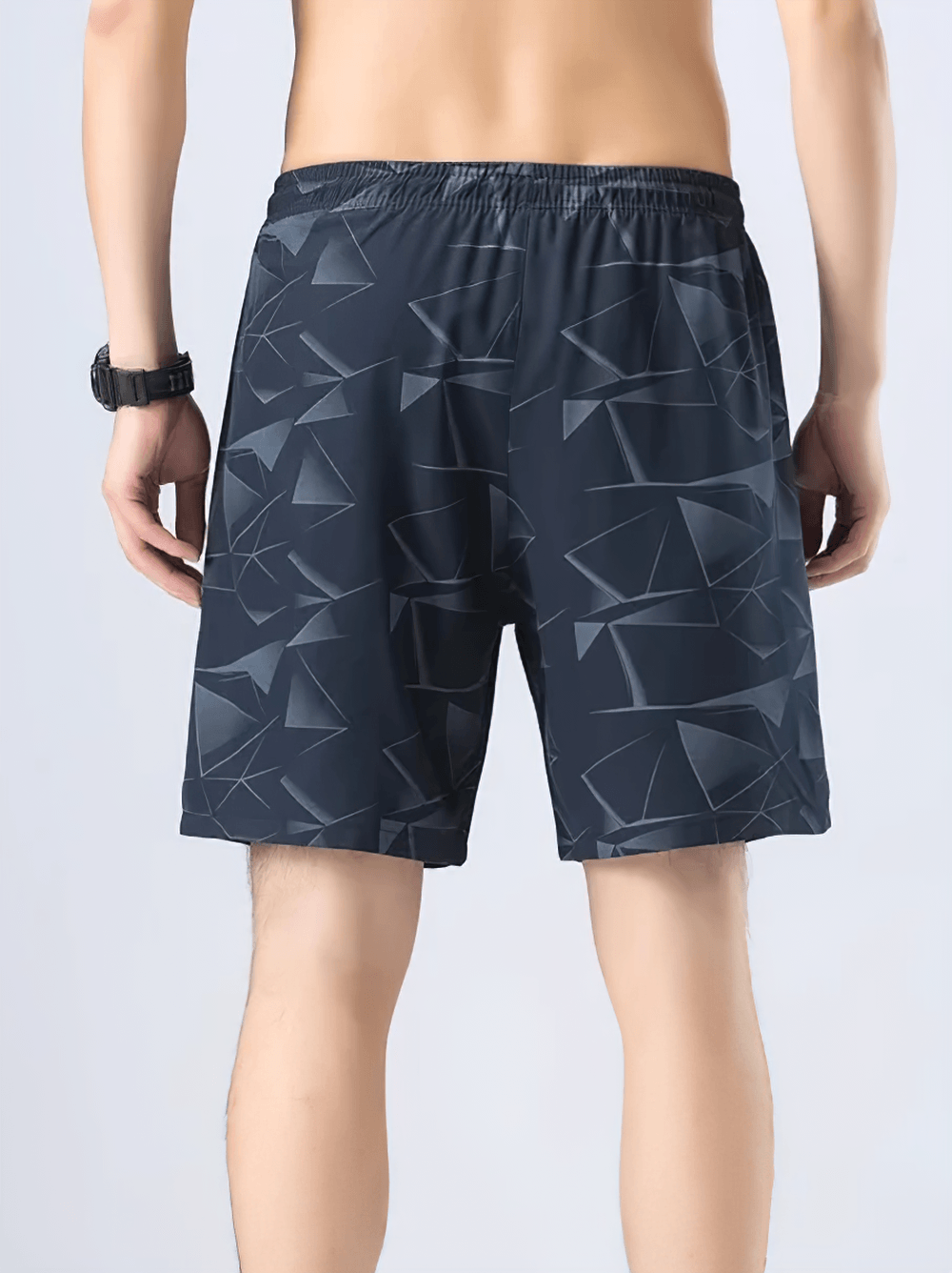 Alt Tag: Geometric Print Running Shorts with Zip Pockets - SF4488 men’s black geometric athletic shorts back view with drawstring waist