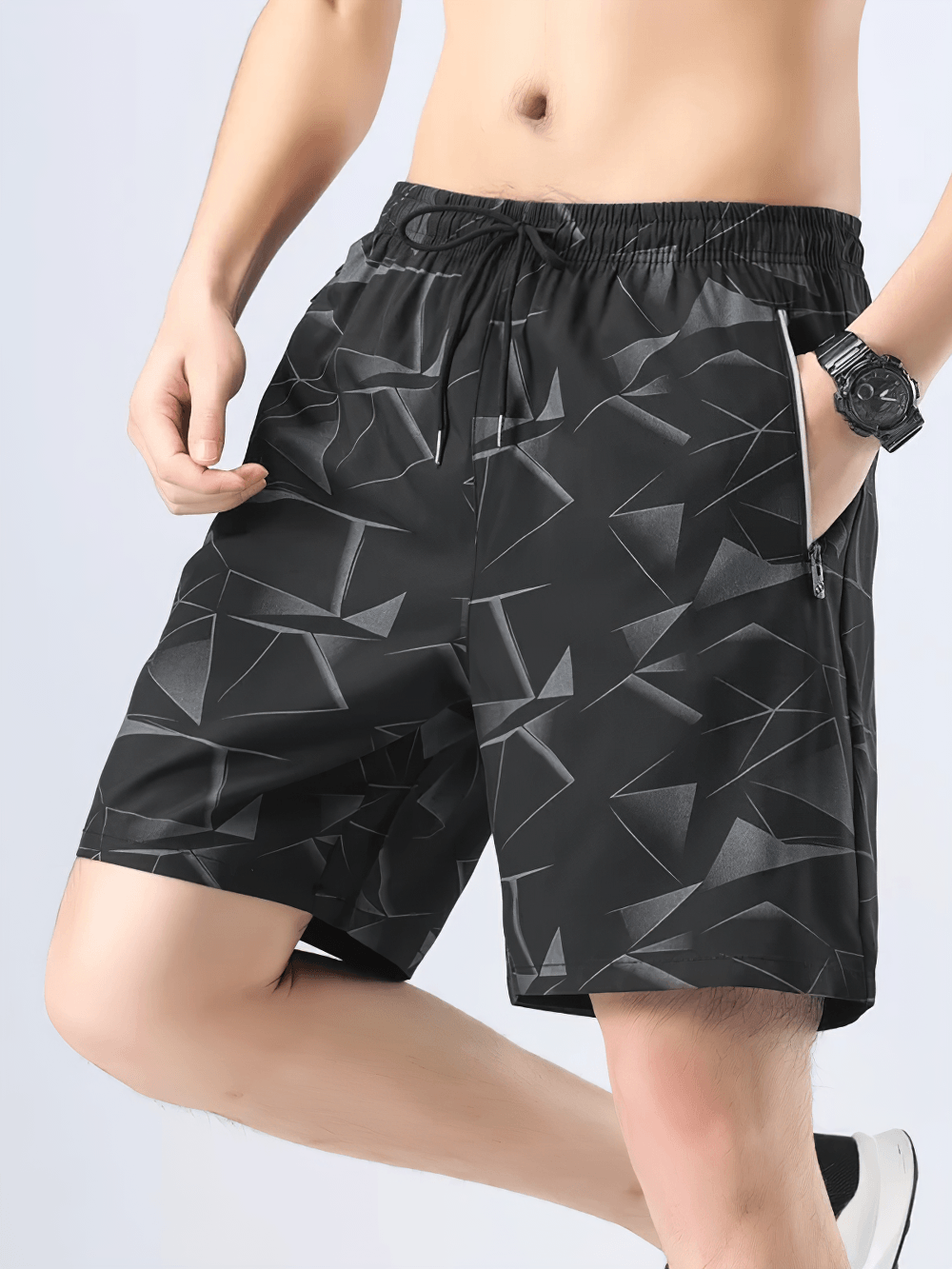 Alt Tag: Geometric Print Running Shorts with Zip Pockets - SF4488 men’s black geometric workout shorts with drawstring waist and zip pockets