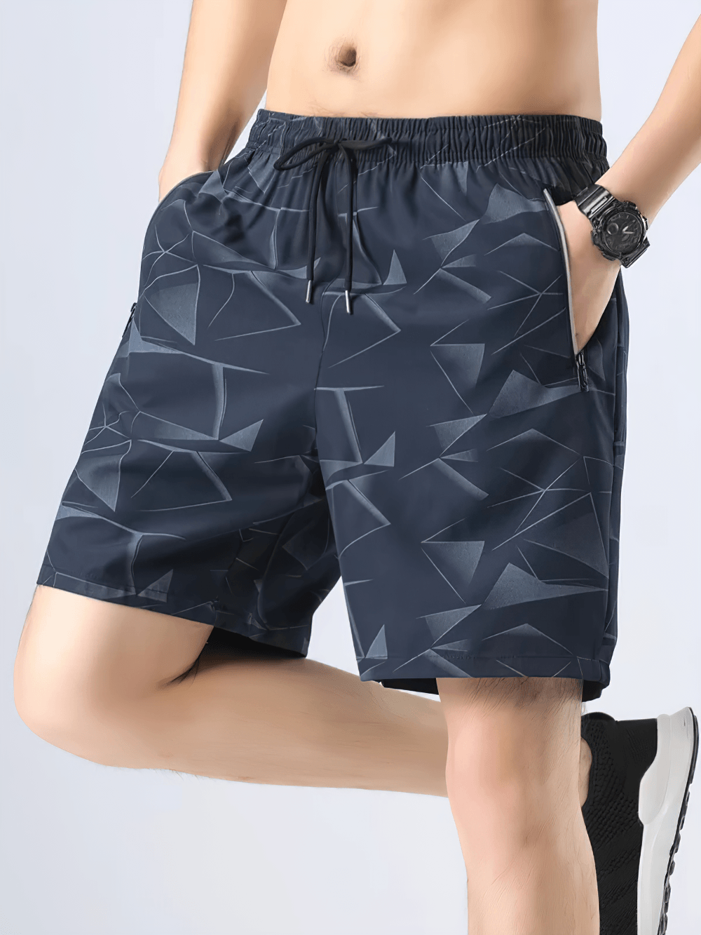 Alt Tag: Geometric Print Running Shorts with Zip Pockets - SF4488 mens geometric workout shorts with drawstring waist and zip pockets