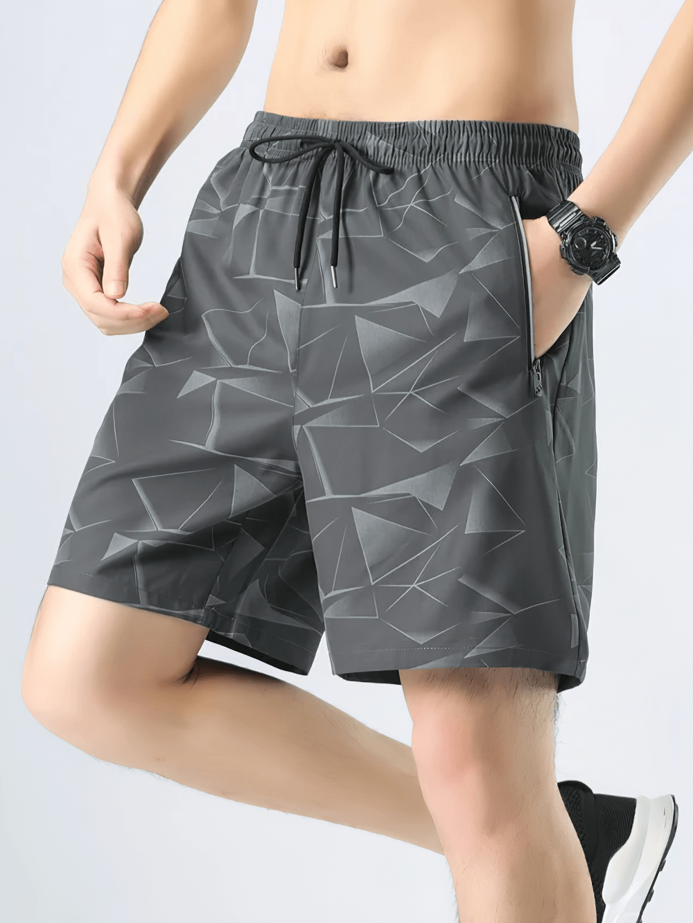 Alt Tag: Geometric Print Running Shorts with Zip Pockets - SF4488 men's gray geometric workout shorts with drawstring waist and zip pockets