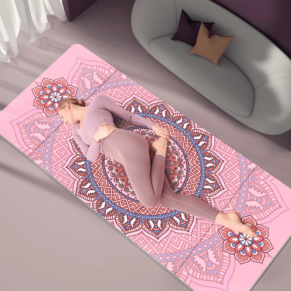 Person practicing yoga on a pink geometric thick mat, foldable and sweat-absorbent, perfect for fitness and dance workouts, SF2874.