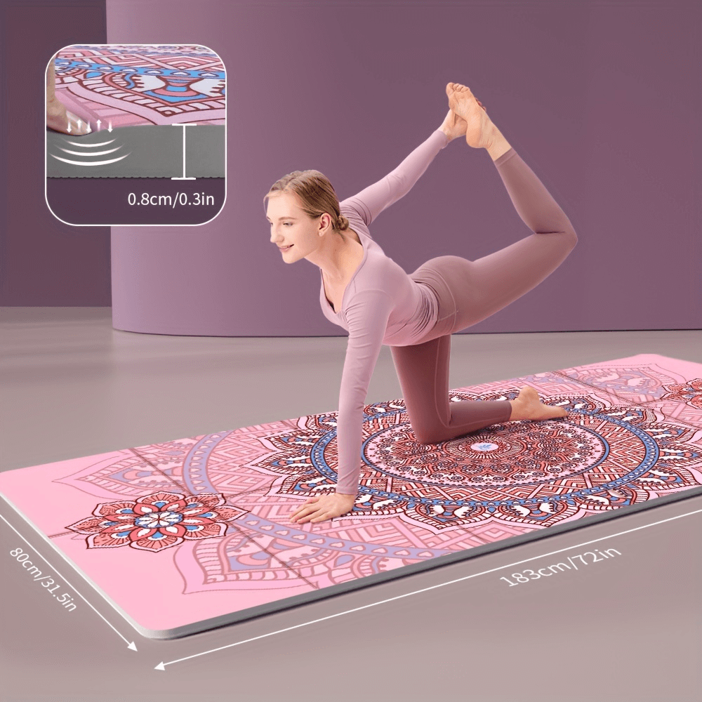 Woman practicing yoga on a geometric thick mat, perfect for foldable fitness and exercise, sweat-absorbent, non-slip surface.