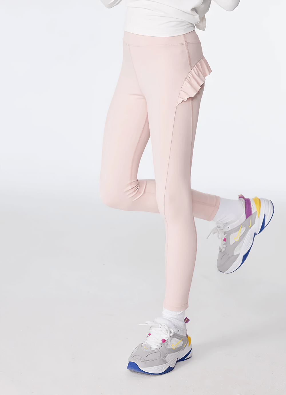 Girls Athletic Leggings with Ruffled Waistband - SF3622, perfect for dance and yoga, showcasing flexible, stylish leggings in a light pink hue.
