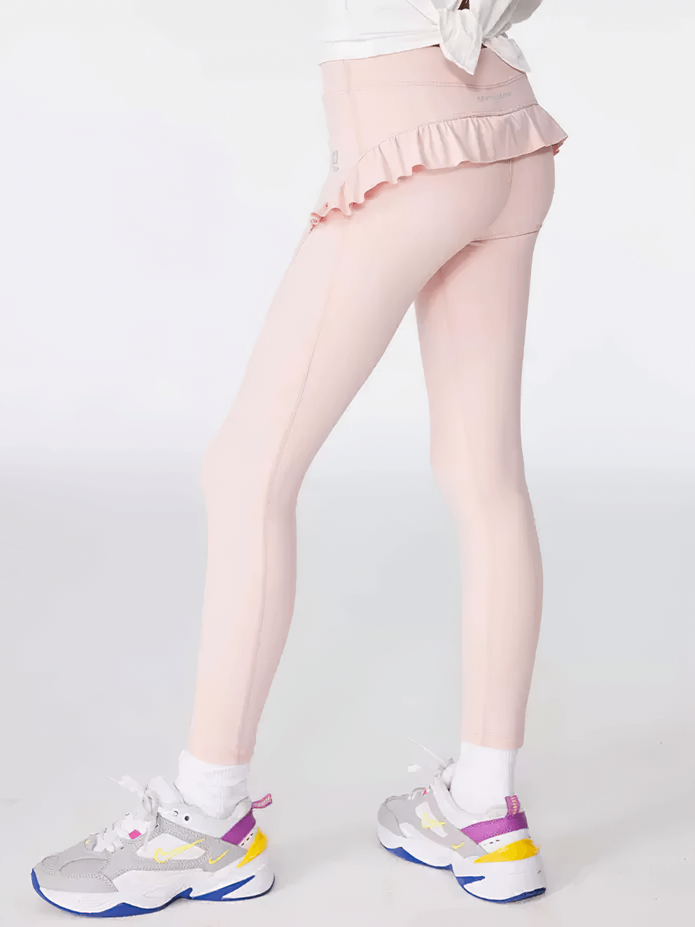 Girls Athletic Leggings with Ruffled Waistband - SF3622 in pink, perfect for dance, yoga, and running, showcasing a stylish ruffled detail.