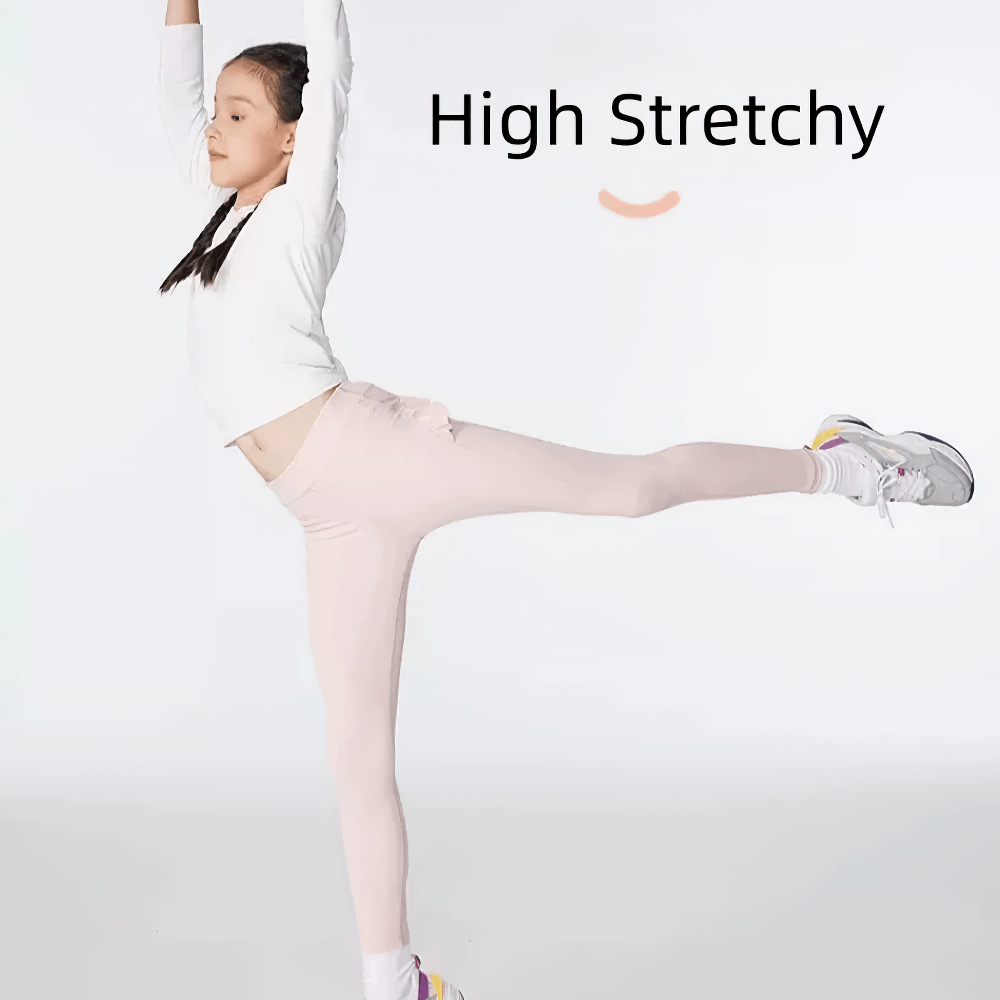 Young girl wearing Girls Athletic Leggings with Ruffled Waistband - SF3622 performing a flexibility stretch during exercise.