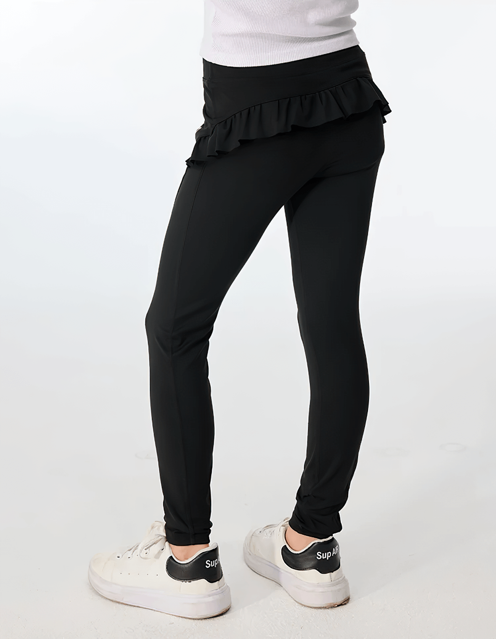 Girls Athletic Leggings with Ruffled Waistband - SF3622 in black for active activities like yoga, dance, and running displayed on a white background.
