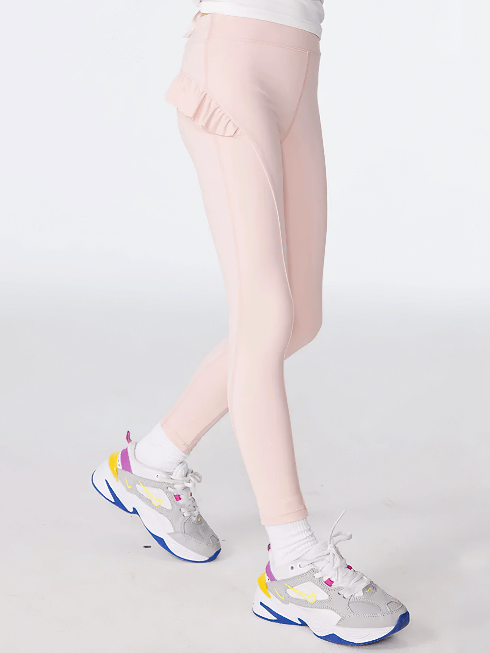 Girls Athletic Leggings with Ruffled Waistband - SF3622 in pink, perfect for dance, yoga, and running, featuring stylish ruffled detail.
