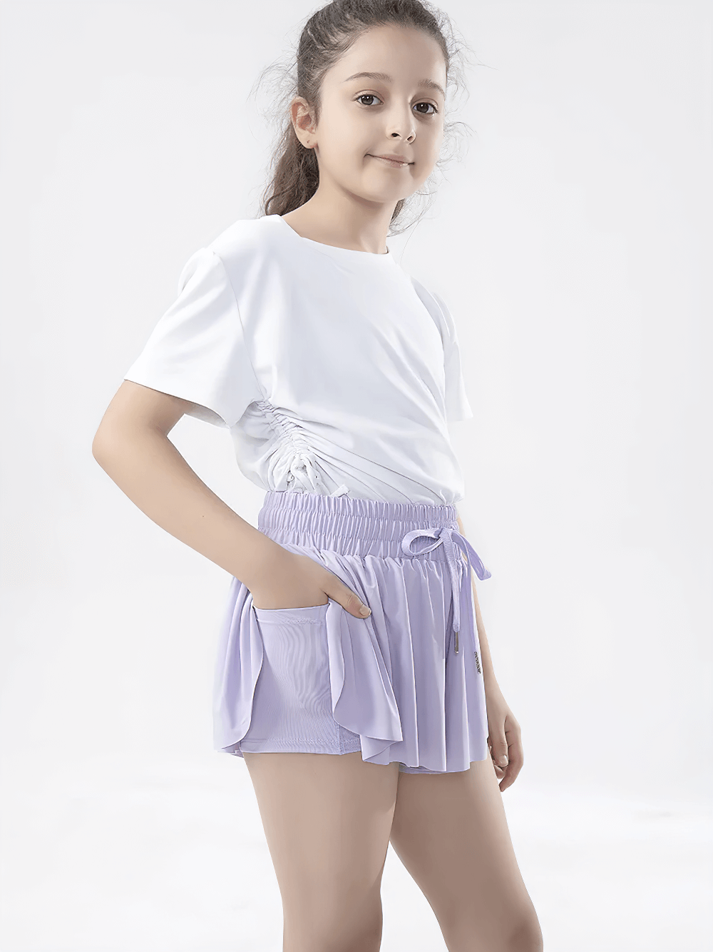 Girls' Bright Sports Shorts with Pleated Design - SF3829, elastic waist, side pockets, vibrant color, perfect for casual outings.
