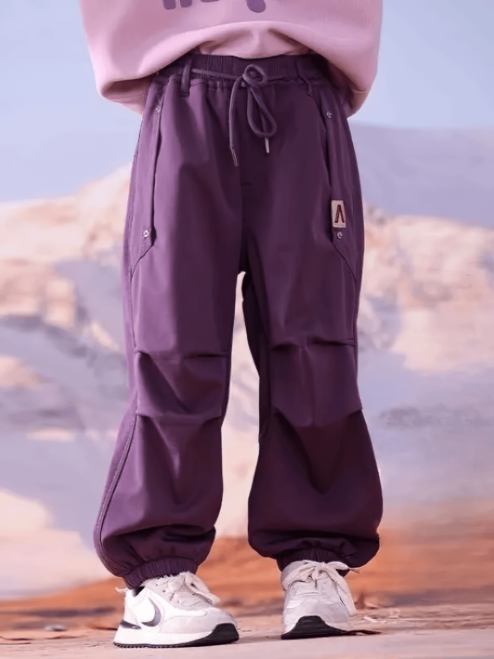 Girls Cargo Pants with Fleece Lining and Pockets - SF3704, purple pants with elastic waistband and pockets, perfect for outdoor activities.