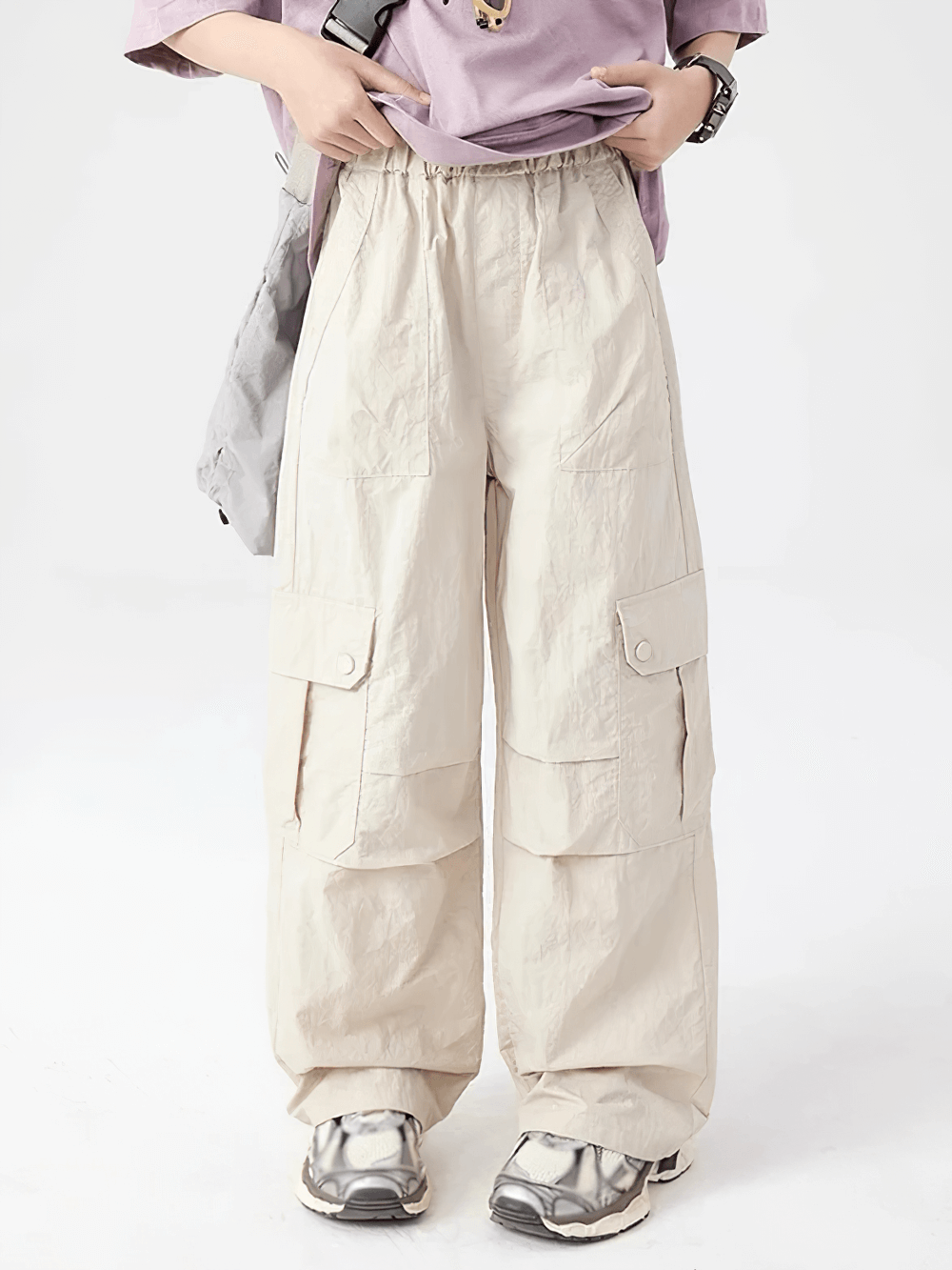 Girls Cargo Pants with Pockets and Elastic Waist - SF3672, beige windproof trousers with flap pockets and relaxed fit, ideal for active wear.