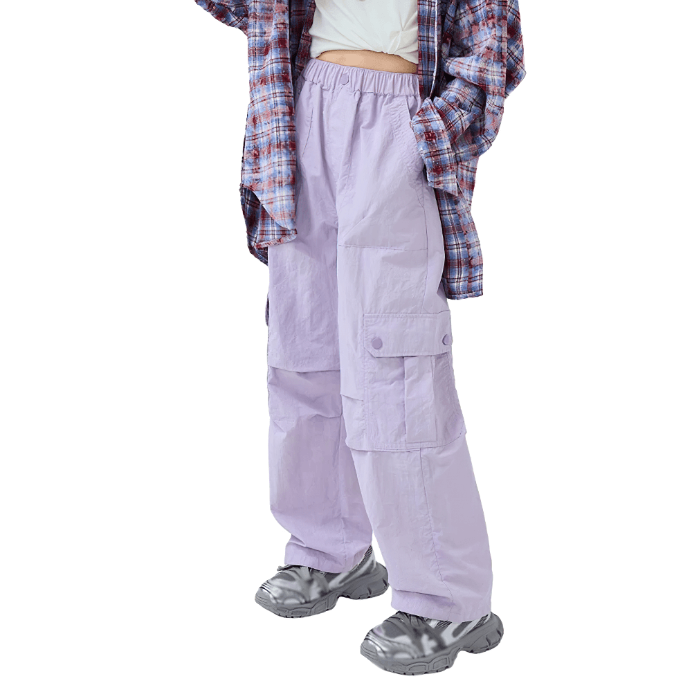 Teen wearing lilac Girls Cargo Pants with Pockets and Elastic Waist - SF3672, styled for a casual outdoor look.