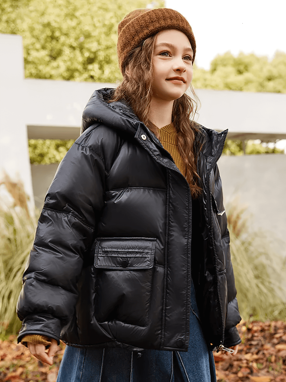 Young girl wearing a Girls Duck Down Hooded Puffer Jacket With Pockets - SF3522, showcasing its cozy design ideal for cold weather.