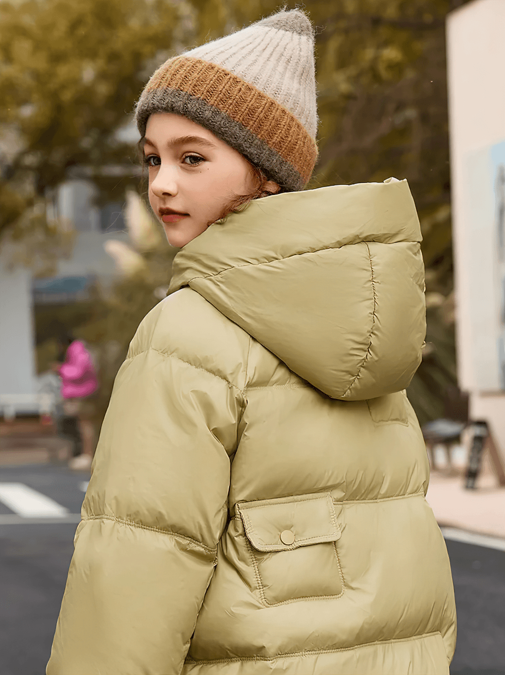 Girl wearing Girls Duck Down Hooded Puffer Jacket With Pockets - SF3522, showcasing warm, chic, everyday winter fashion.