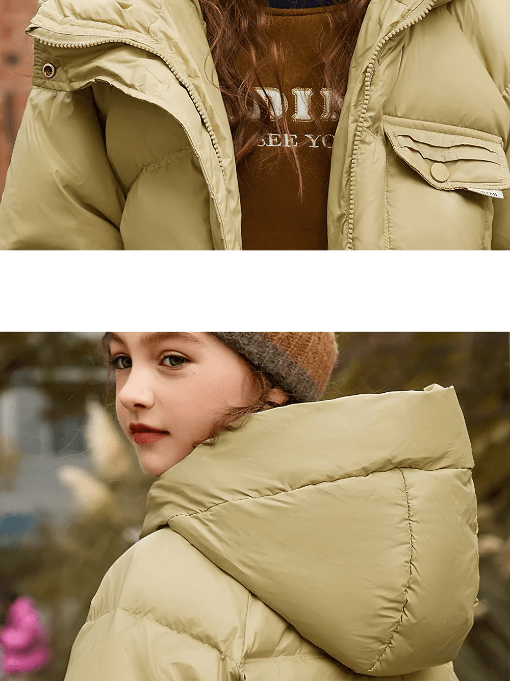 Girls Duck Down Hooded Puffer Jacket With Pockets - SF3522, showcasing stylish warmth and comfort for winter wear.