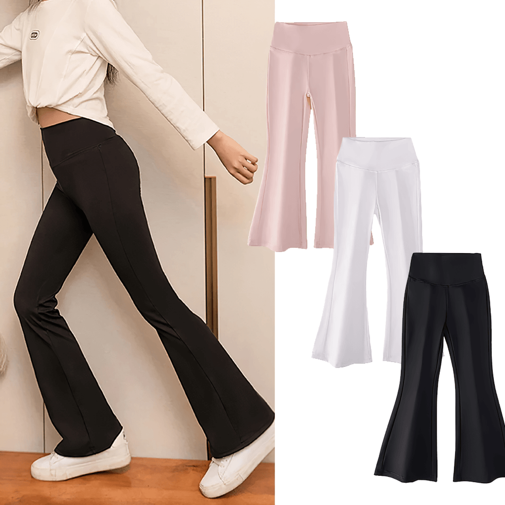 Girls Elastic High Waist Flared Sport Pants - SF3907 in black, pink, and white colors, perfect for active movement and stylish comfort.