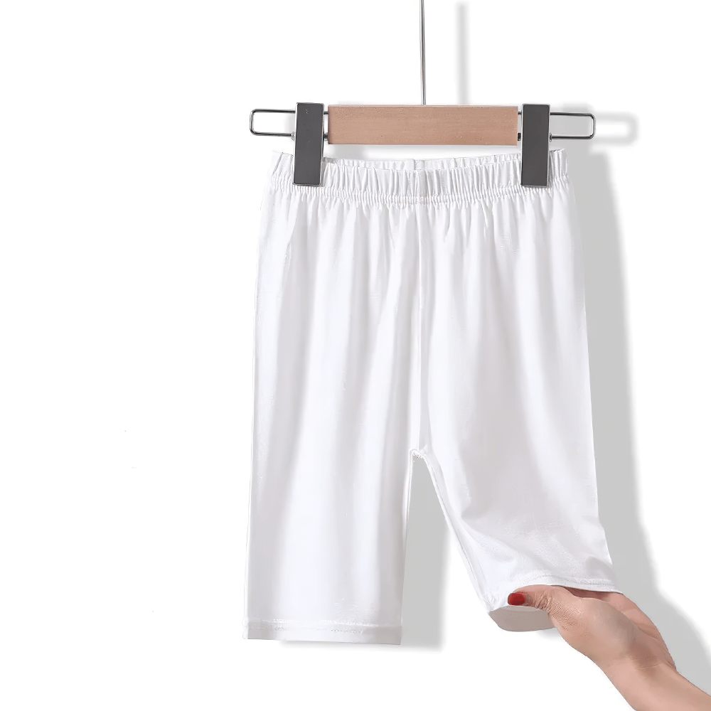 Girls Elastic Sport Capri Shorts for Active Play - SF3877, white capri shorts hanging for display, elastic waist, perfect for active girls.