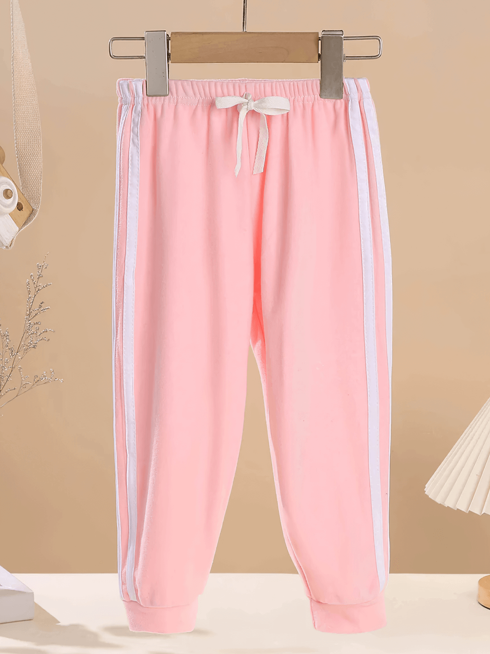Girls Elastic Waist Joggers with Side Sporty Stripes - SF3860, pink children's pants with white stripes for casual wear.