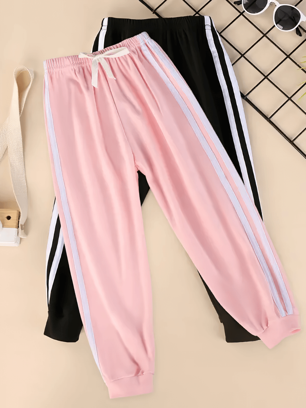 Girls Elastic Waist Joggers with Side Sporty Stripes - SF3860 in pink and black colors, featuring trendy side stripes and elastic waistband.