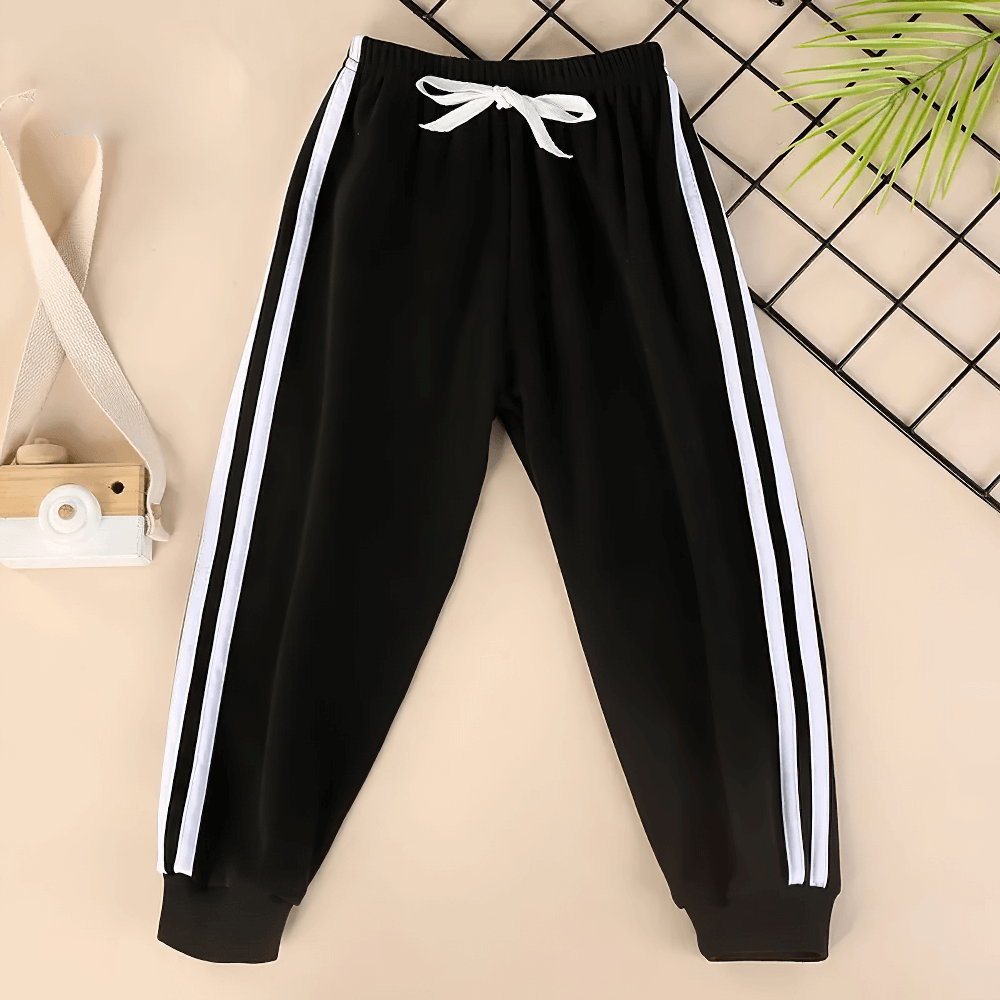 Girls Elastic Waist Joggers with Side Sporty Stripes - SF3860, featuring black ankle-length pants with white side stripes and bow tie.
