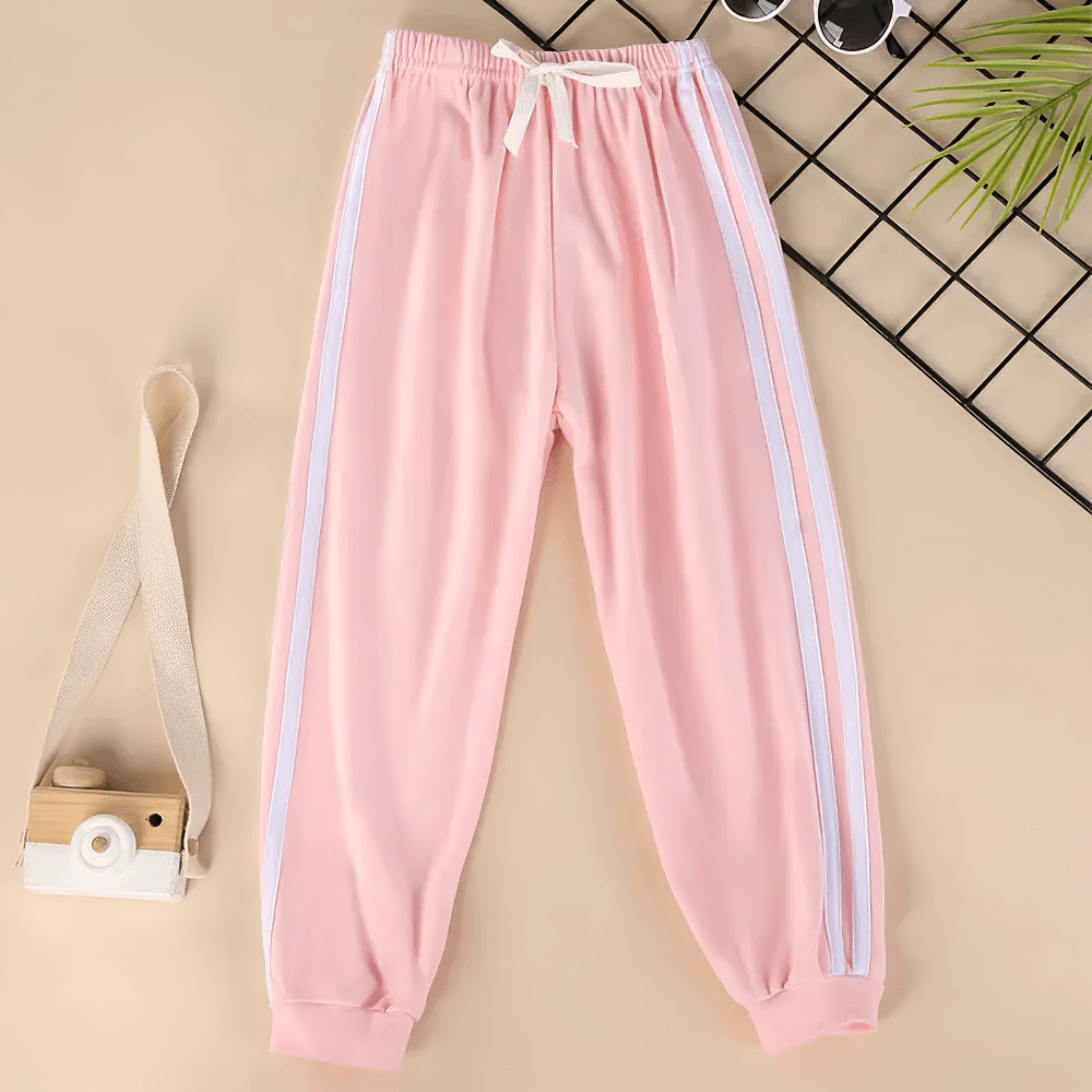 Girls Elastic Waist Joggers with Side Sporty Stripes - SF3860 in pink, featuring ankle-length design and side stripes for casual and active wear.