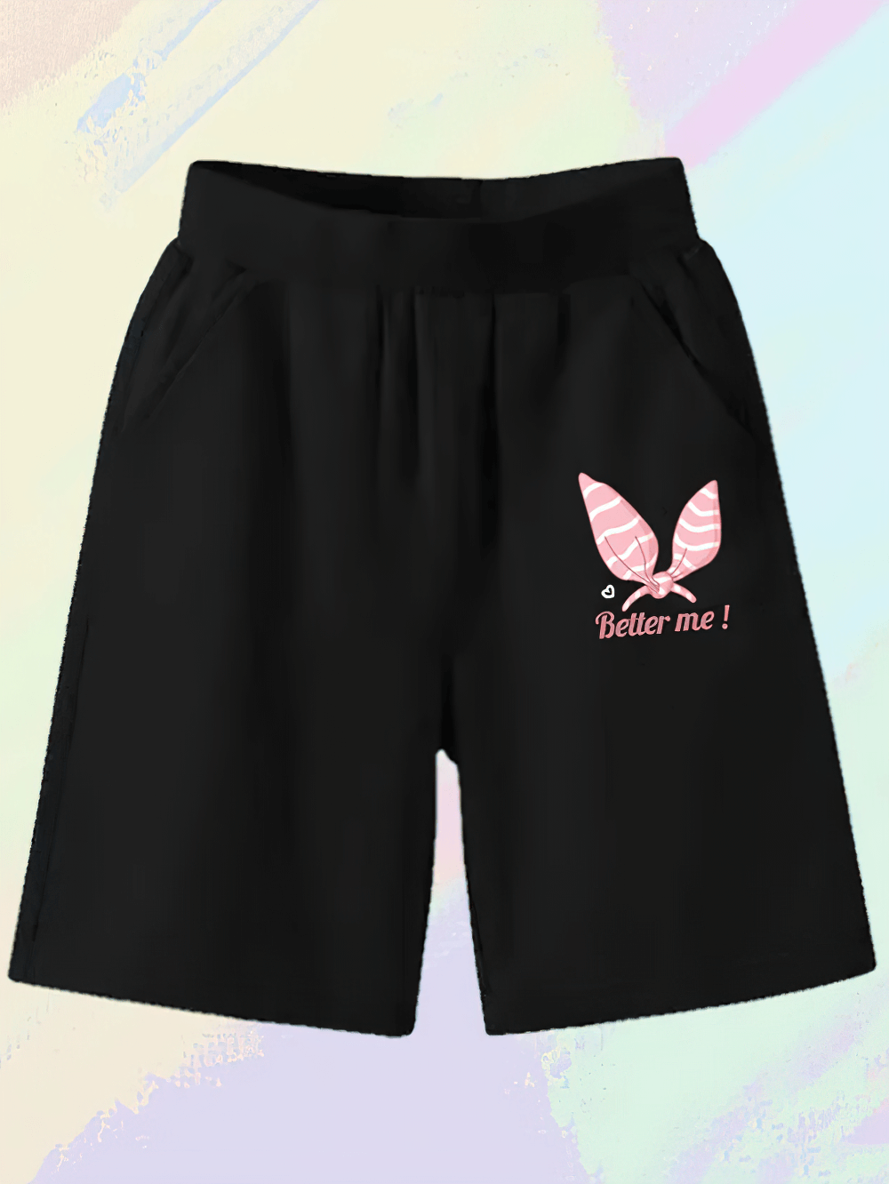 Girls' Elastic Waist Shorts with Pink Bunny Graphic - SF3832 featuring fun slogan 'Better me!'