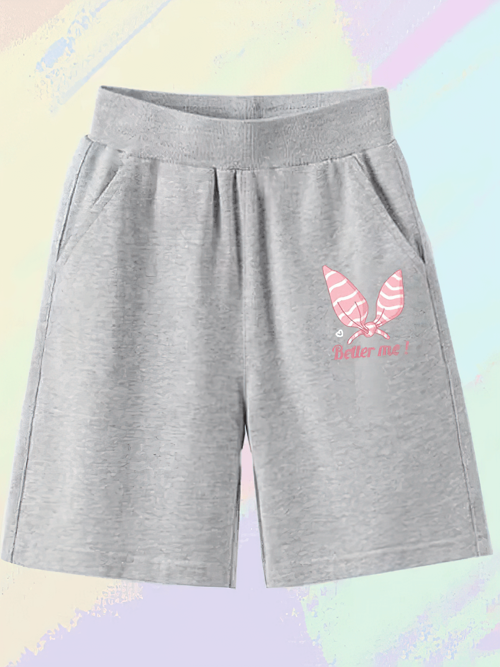 Girls' Elastic Waist Shorts with Pink Bunny Graphic - SF3832 featuring playful 'Better me!' slogan on soft fabric.